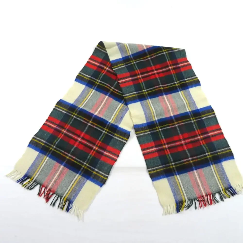 Vintage Wool Plaid Ivory Green Blue Black Yellow Red Scarf With Fringe 50x11.5